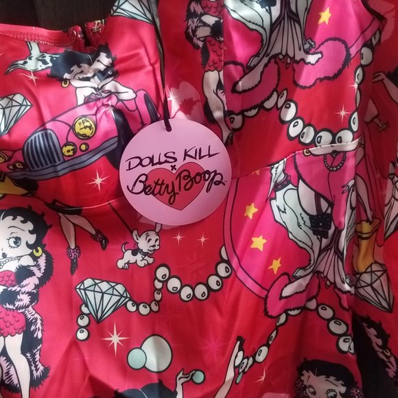 NWT BETTY BOOP RED MINI SATIN OFF SHOULDER Lover Catch A Kitten DRESS. - Picture 2 of 4